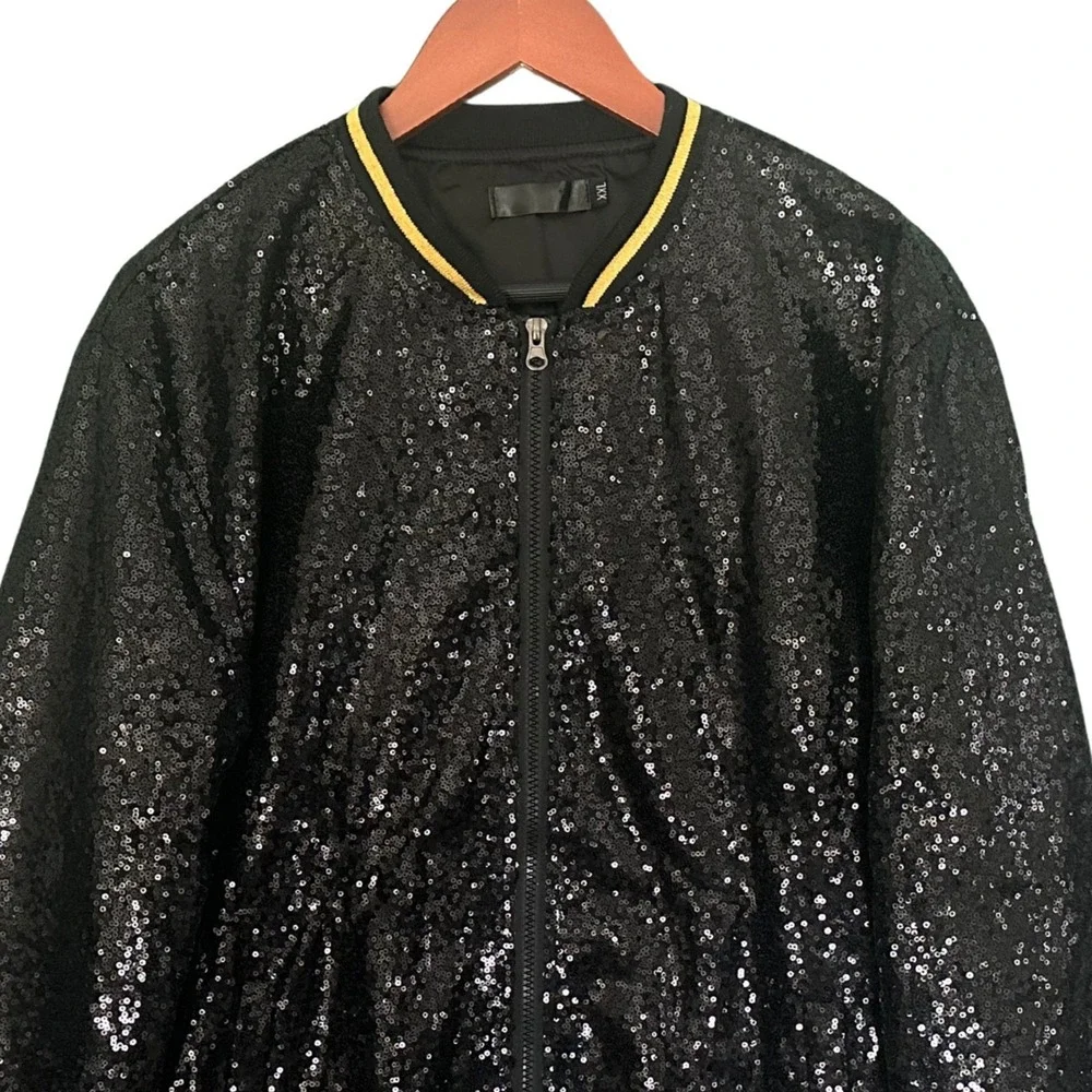 Mens XXL Black Sequin Varsity Bomber Jacket Gold Glitter Striped Party Disco 2XL